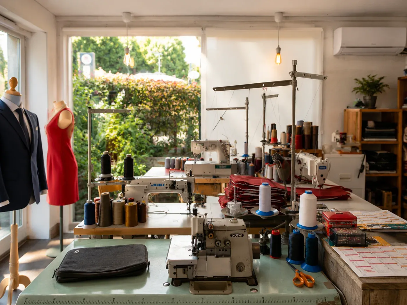 L'atelier de couture : machines industrielles, bobines de fil et mannequins