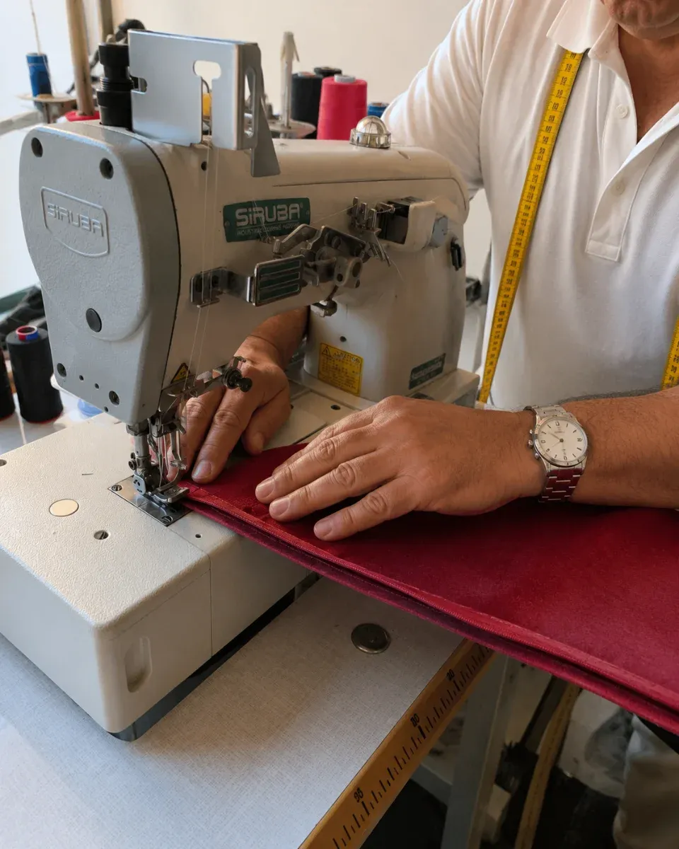 Couture d'un tissu rouge sur machine industrielle Siruba, mètre ruban au cou